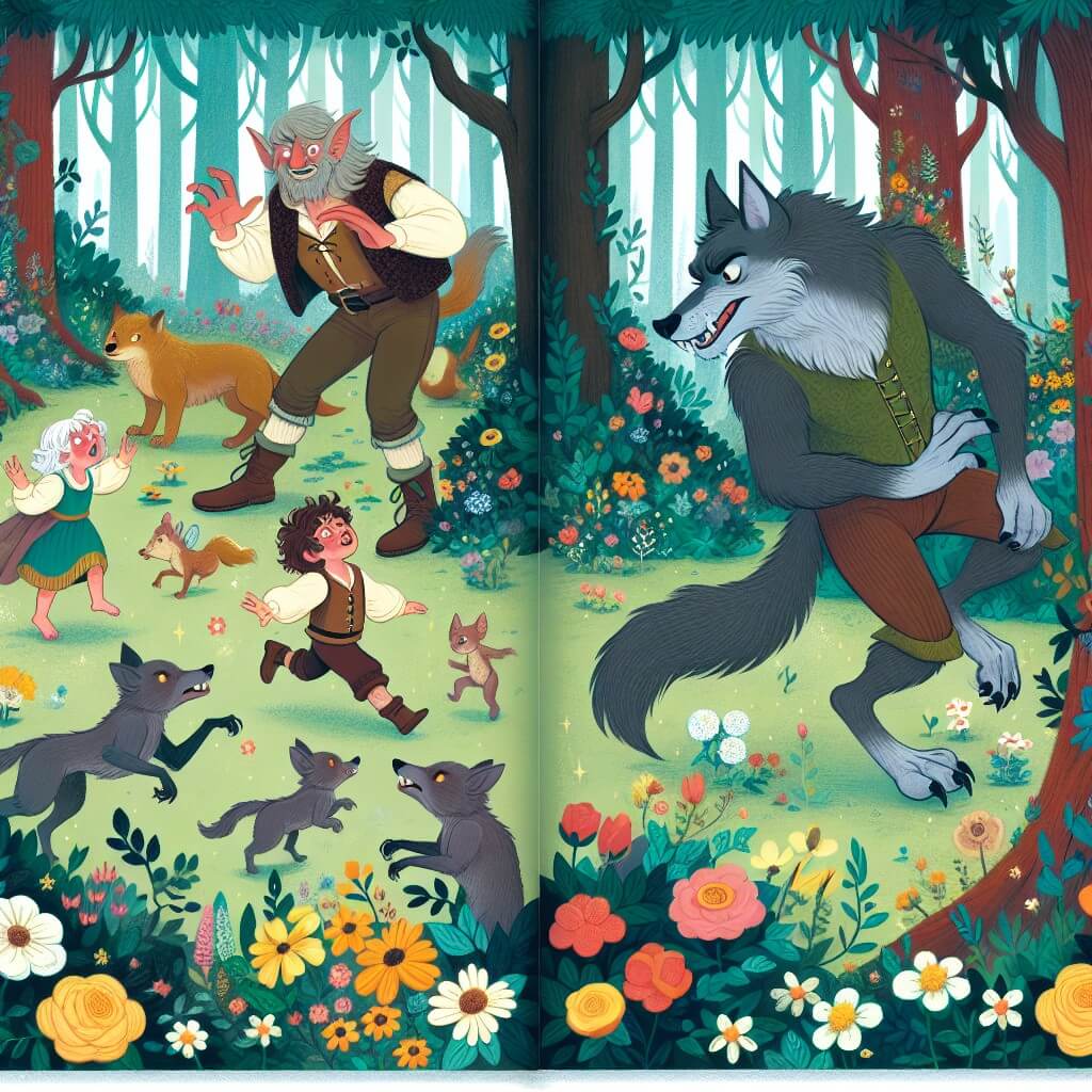 Une illustration destinée aux enfants représentant un loup-garou maladroit découvrant une clairière enchantée pleine de fleurs colorées et d'animaux rigolos, accompagné d'une famille de lutins espiègles, dans une forêt dense et mystérieuse.