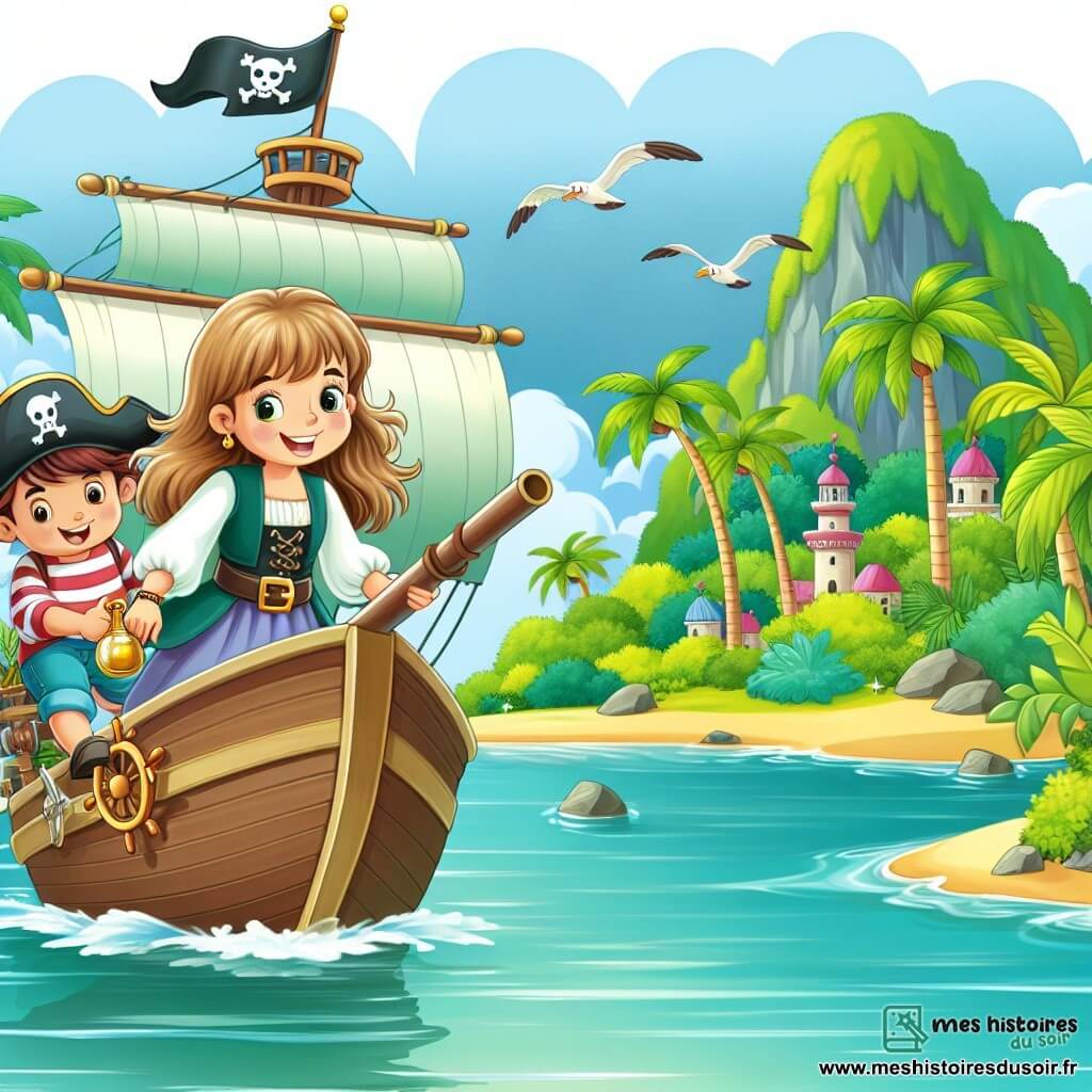 Une illustration destinée aux enfants représentant une jeune femme courageuse voguant sur un navire pirate, accompagnée d'un garçon espiègle, à la recherche d'un trésor caché sur une île luxuriante et mystérieuse.