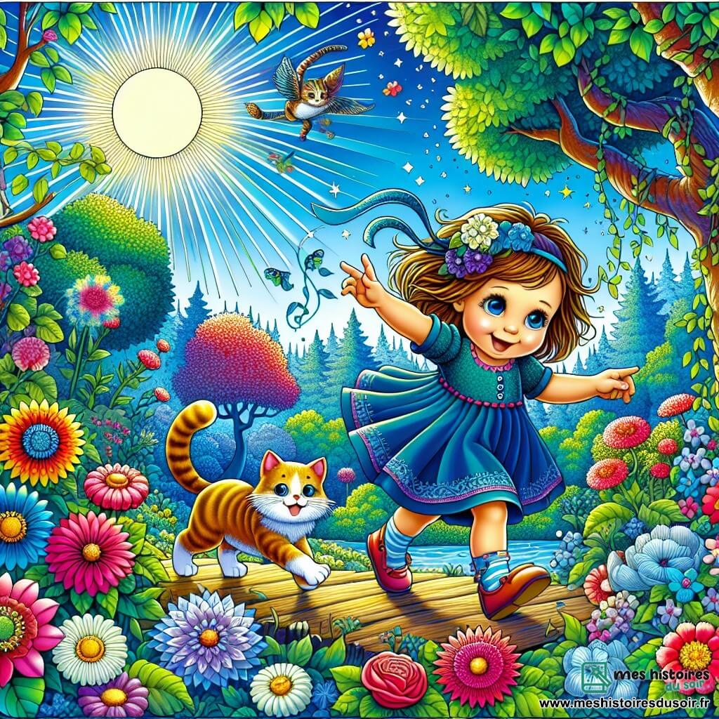 Une illustration destinée aux enfants représentant une petite fille énergique explorant un jardin enchanté en compagnie d'un chat malicieux, au milieu de fleurs colorées et d'arbres majestueux, sous un ciel bleu azuré illuminé par un soleil radieux.