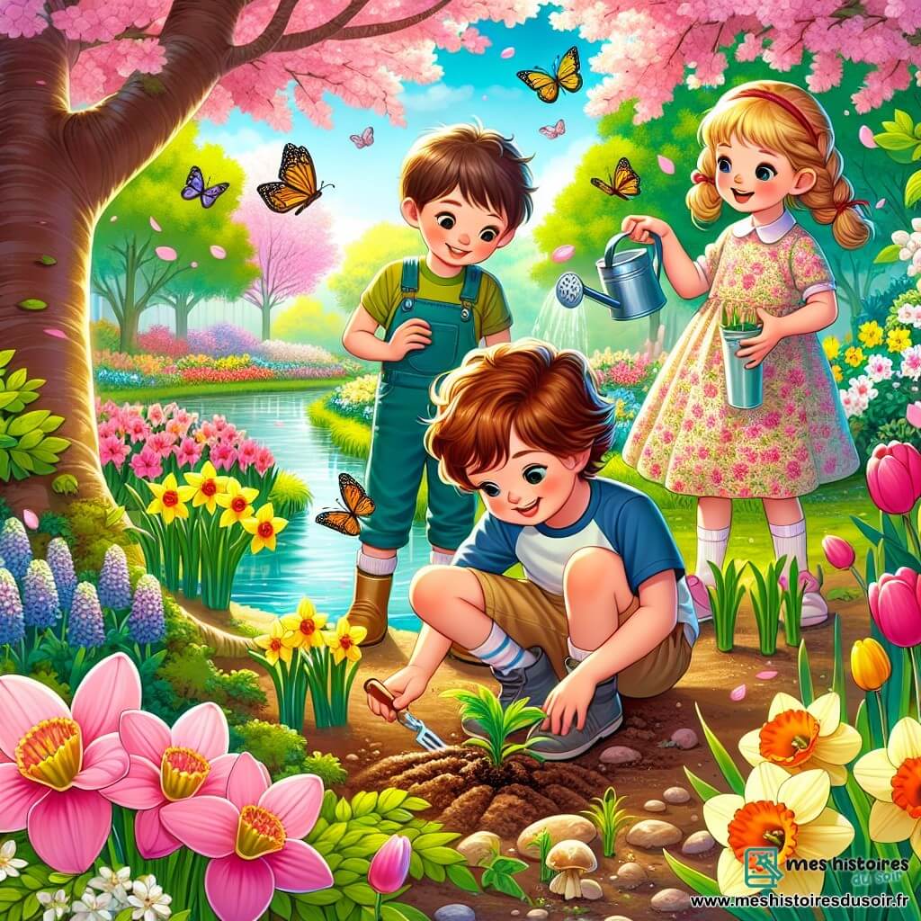 Illustration d'un parc printanier vibrant de couleurs, avec des cerisiers en fleurs aux pétales roses tombant au sol et des jonquilles et tulipes éclatantes autour d'un ruisseau scintillant. Au centre, un garçon de 11 ans aux cheveux châtains et bouclés, en t-shirt bleu et short beige, est accroupi, souriant, observant une graine plantée. À ses côtés, une fille de 10 ans aux longs cheveux blonds tressés, en robe à fleurs, tient un arrosoir et regarde le garçon, tandis qu'un autre garçon de 11 ans aux cheveux bruns courts, en t-shirt vert, sourit avec une petite pelle. Les enfants jardinent ensemble, enthousiastes et joyeux, entourés de la beauté du printemps, avec des papillons colorés et des oiseaux chantant, créant une ambiance magique de camaraderie et de découverte.