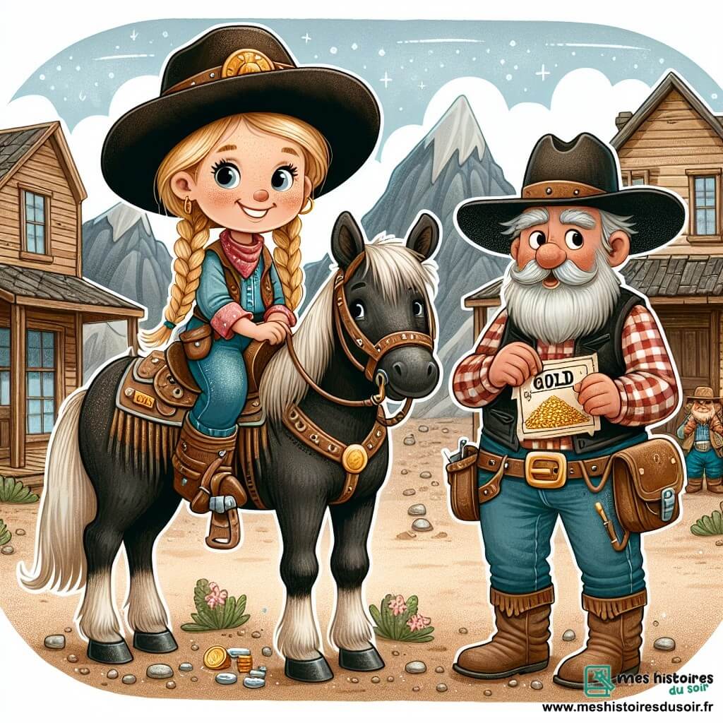 Une illustration sous forme de dessin destinée aux enfants représentant une petite ville poussiéreuse de l'Ouest américain, avec des bâtiments en bois et des montagnes en arrière-plan, où une jeune cow-girl blonde à la tresse longue, portant un grand chapeau de cow-boy et une veste en cuir, se tient fièrement sur son cheval noir, Éclair, tandis qu'un vieux chercheur d'or barbu, vêtu d'une chemise à carreaux et d'un chapeau usé, lui montre une carte secrète, le tout dans une ambiance d'aventure et de découverte, symbolisant la quête de l'or et le courage de la jeune fille.