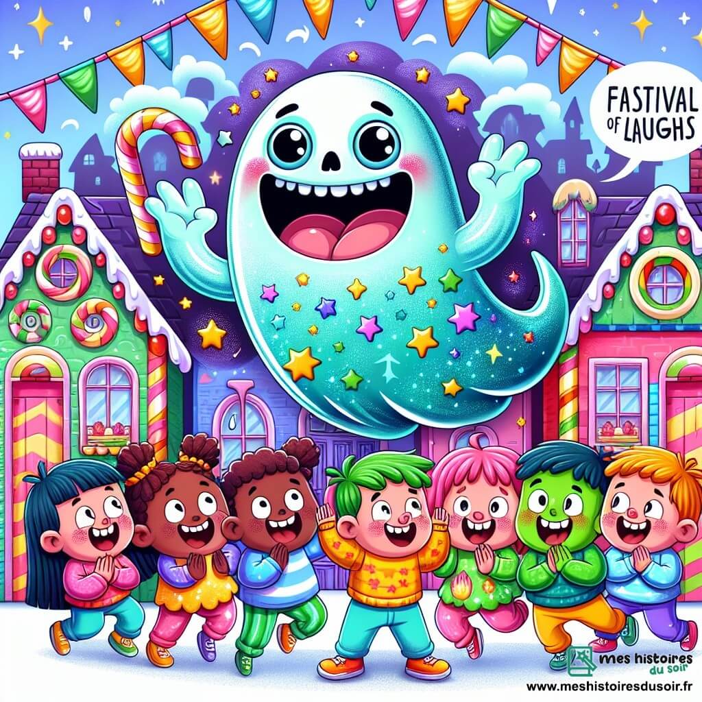 Une illustration sous forme de dessin destinée aux enfants représentant un village coloré et magique avec des maisons en sucre d’orge, où un fantôme jovial, translucide et scintillant, avec une cape étoilée, fait des pirouettes dans les airs en racontant des blagues hilarantes, tandis qu'un petit monstre vert à la peau fluo, aux yeux ronds et au large sourire, rit aux éclats, entouré d’enfants aux cheveux colorés et aux vêtements pétillants qui s’amusent et applaudissent, créant une atmosphère joyeuse et festive pour le festival des rires.