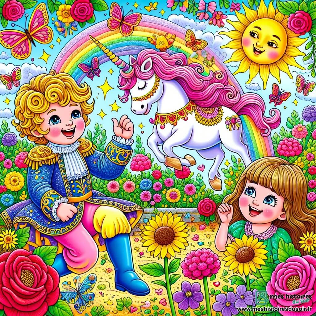 Illustration d'un jardin enchanté, rempli de fleurs éclatantes aux couleurs vives, comme des roses rouges, des tournesols jaunes et des violettes délicates. Au centre, un prince aux cheveux dorés et bouclés, vêtu d'une tunique bleue ornée de motifs dorés, rit en regardant une licorne. La licorne, avec sa crinière rose scintillante et sa corne dorée, tourne sur elle-même, créant un tourbillon de magie. À proximité, une jeune fille d'environ huit ans, avec de longs cheveux bruns et une robe verte, observe la scène en riant, les yeux pétillants de joie. Le prince et la licorne s'amusent ensemble, entourés de papillons colorés dansant dans l'air, tandis que le soleil brille au-dessus, ajoutant une touche de chaleur à cette scène joyeuse.