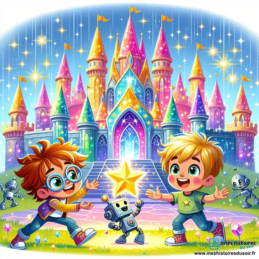 Une illustration sous forme de dessin destinée aux enfants représentant un palais étincelant construit de cristaux colorés, baigné de lumière magique, où un garçon de 7 ans aux cheveux en bataille et aux yeux pétillants, tenant une étoile brillante dans ses mains, se tient avec un robot en forme de petit chien aux oreilles pointues qui danse joyeusement à ses côtés, alors qu'ils célèbrent leur victoire après avoir retrouvé l'Étoile de l'Amitié, entourés de scintillements et de petites étoiles flottantes dans l'air.