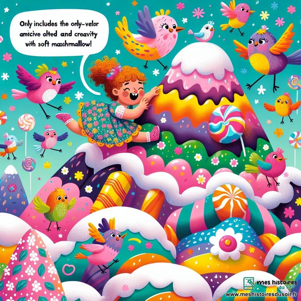 Une illustration sous forme de dessin destinée aux enfants représentant une montagne colorée faite de bonbons scintillants, avec une petite fille de 4 ans aux cheveux bouclés et à la robe à fleurs, riant joyeusement alors qu'elle grimpe sur une guimauve moelleuse, entourée de plusieurs oiseaux aux plumes vives qui chantent et dansent autour d'elle, illustrant le moment où elle surmonte le défi d'escalader la montagne de bonbons avec créativité et enthousiasme.