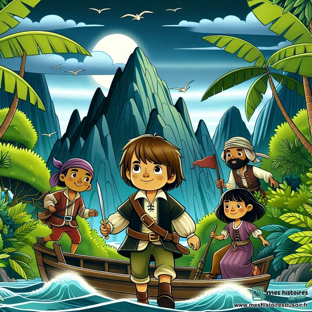 Une illustration destinée aux enfants représentant un petit garçon courageux et ses amis, une fille et deux garçons, naviguant vers une île mystérieuse recouverte de végétation luxuriante et entourée de récifs acérés.