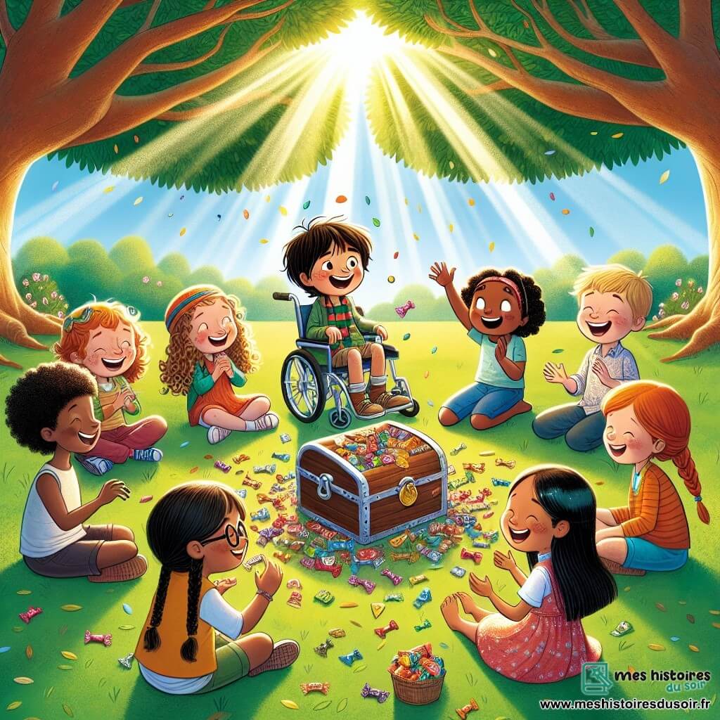 Illustration destinée aux enfants représentant un groupe d'enfants de neuf ans, assis en cercle sur l'herbe verdoyante d'un grand parc ensoleillé, entouré de majestueux arbres aux feuilles éclatantes. Au centre, un garçon aux cheveux bouclés et au sourire éclatant, tenant un coffre rempli de friandises, tandis qu'une fille aux lunettes rondes et aux tresses s'illumine de joie en partageant des bonbons avec ses amis. À côté d'eux, un garçon en fauteuil roulant, avec des yeux pétillants d'excitation, applaudit, tandis qu'une autre fille aux cheveux longs et au rire contagieux lance des confettis colorés dans les airs. L'atmosphère est pleine de rires et de camaraderie, illustrant l'importance de l'amitié et de la communication, avec des rayons de soleil filtrant à travers les branches, créant une ambiance chaleureuse et joyeuse.
