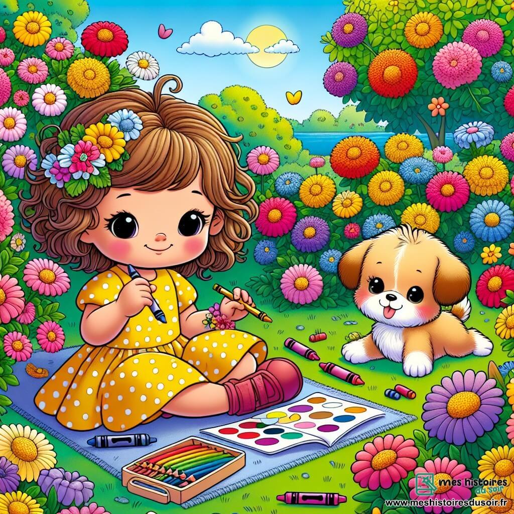 Une illustration sous forme de dessin destinée aux enfants représentant un jardin ensoleillé entouré de fleurs multicolores, où une petite fille de 5 ans aux cheveux bruns et bouclés, vêtue d'une robe jaune à pois, est assise sur l'herbe en train de dessiner des fleurs avec des crayons de couleur, tandis qu'à côté d'elle, un petit chien beige aux grandes oreilles joue joyeusement, le tout illustrant un moment de tendresse et d'innocence au sein d'une famille qui traverse une période difficile.
