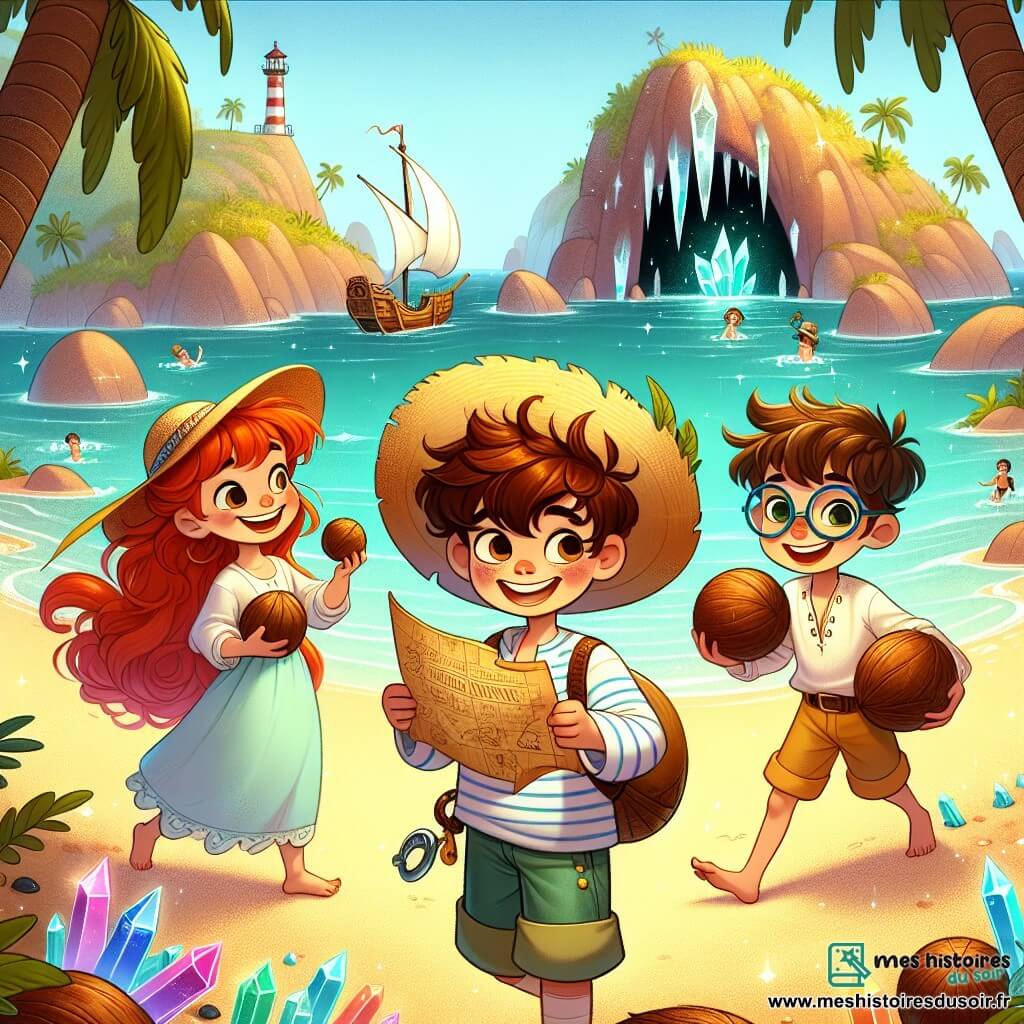 Une illustration sous forme de dessin destinée aux enfants représentant une plage ensoleillée de l'île des Sirènes, avec un jeune pirate aux cheveux bruns en bataille, portant un grand chapeau de paille et une chemise à rayures, tenant une carte au trésor dans ses mains, entouré de ses deux amis : une fille intrépide aux cheveux flamboyants, souriante et vêtue d'une robe légère, et un garçon espiègle aux lunettes rondes, jonglant avec des noix de coco, alors qu'ils découvrent une grotte mystérieuse ornée de cristaux scintillants, symbolisant leur quête d'aventure et de sagesse.