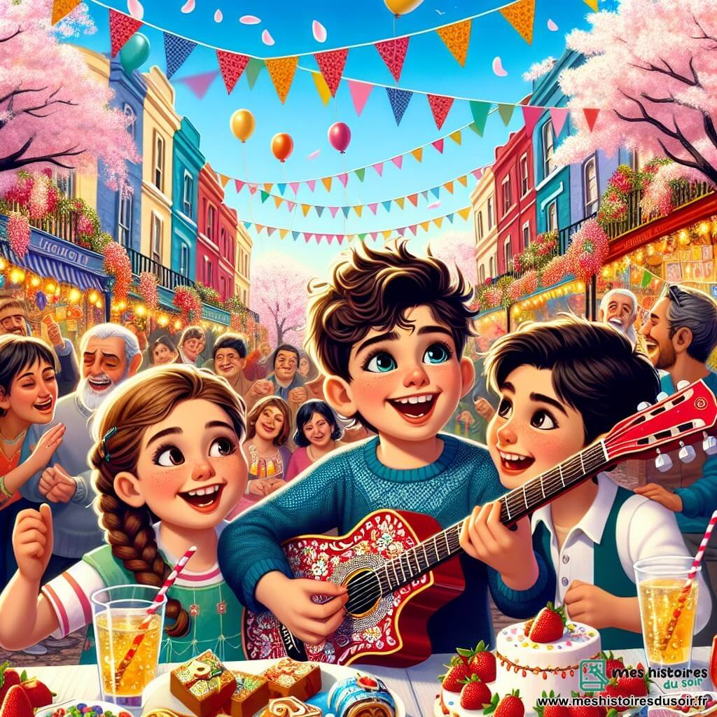Illustration destinée aux enfants représentant une scène animée sur la Place des Cerisiers, un quartier coloré avec des arbres en fleurs, des stands de fête décorés de guirlandes et des ballons flottants dans le ciel bleu. Au centre, un groupe de trois enfants de sept ans, deux garçons aux cheveux ébouriffés et aux yeux pétillants, et une fille aux cheveux bruns tressés, se tiennent autour d'une guitare rouge brillante, les visages illuminés par l'excitation. Le garçon aux cheveux ébouriffés, tenant la guitare, sourit largement, tandis que les autres l'encouragent avec des gestes enthousiastes. En arrière-plan, des papas rient et dansent, créant une atmosphère joyeuse et festive, avec des éclats de rire et des notes de musique flottant dans l'air. Des cookies et des boissons colorées sont visibles sur une table, ajoutant une touche de convivialité à cette célébration de la fête des pères.