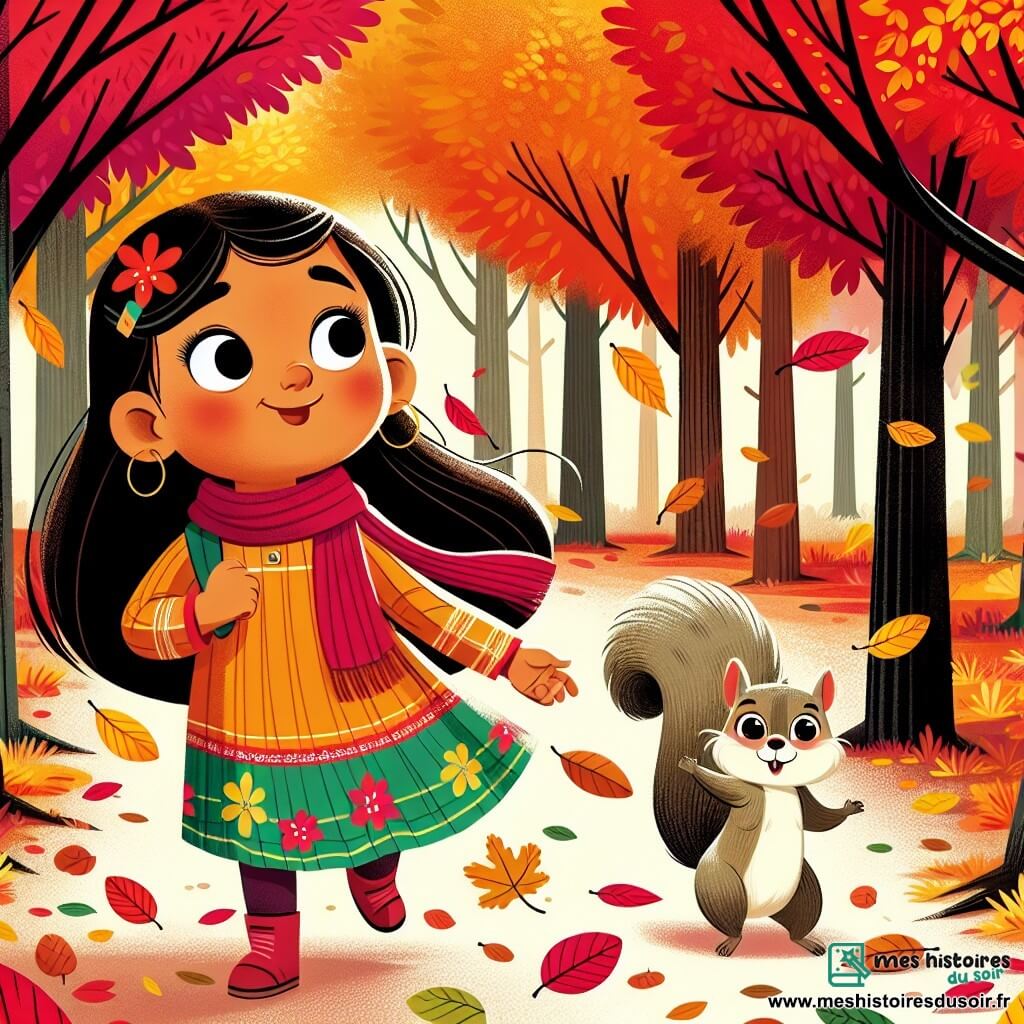 Une illustration destinée aux enfants représentant une fillette émerveillée par les couleurs chatoyantes de l'automne, accompagnée d'un écureuil espiègle, se promenant dans une forêt aux arbres aux feuilles rouge, orange et jaune, laissant tomber des feuilles dorées tout autour d'eux.