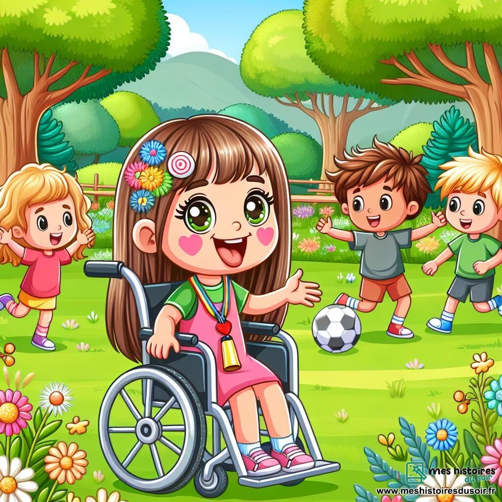 Une illustration sous forme de dessin destinée aux enfants représentant un parc verdoyant parsemé de fleurs colorées et d'arbres majestueux, où une petite fille de 5 ans aux longs cheveux bruns et aux yeux pétillants, assise dans un fauteuil roulant décoré d'autocollants, sourit joyeusement en tenant un sifflet autour de son cou, tandis qu'un groupe d'enfants, dont un garçon aux cheveux blonds en bataille et une fille aux cheveux bouclés, jouent au ballon autour d'elle, créant une atmosphère de camaraderie et de bonheur partagé, illustrant ainsi l'importance de l'amitié et de l'inclusion.