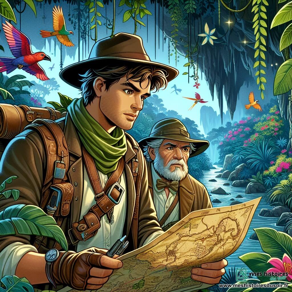 Illustration d'une jungle luxuriante et mystérieuse, peuplée de plantes colorées, de lianes et de fleurs exotiques. Au centre, un homme d'une trentaine d'années, cheveux bruns en bataille et yeux curieux, porte un chapeau en cuir et un sac à dos d'exploration, scrutant attentivement une carte ancienne avec concentration. À ses côtés, un homme d'environ cinquante ans, barbe grisonnante et vêtements usés, observe les alentours avec sagesse, prêt à guider le plus jeune. La scène montre les deux personnages devant une grotte sombre, avec une rivière tumultueuse à leurs pieds, symbolisant les dangers à surmonter. Des oiseaux colorés volent dans le ciel, ajoutant de la vie à cette ambiance d'exploration.
