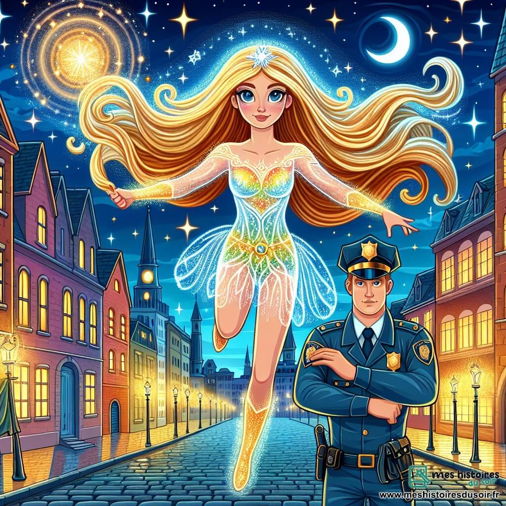 Une illustration destinée aux enfants représentant une super-héroïne aux longs cheveux dorés et aux yeux étincelants, qui utilise ses pouvoirs magiques pour sauver la ville de Luminaria, avec l'aide d'un courageux policier, dans un cadre urbain animé avec des rues pavées, des bâtiments colorés et des étoiles scintillantes dans le ciel nocturne.