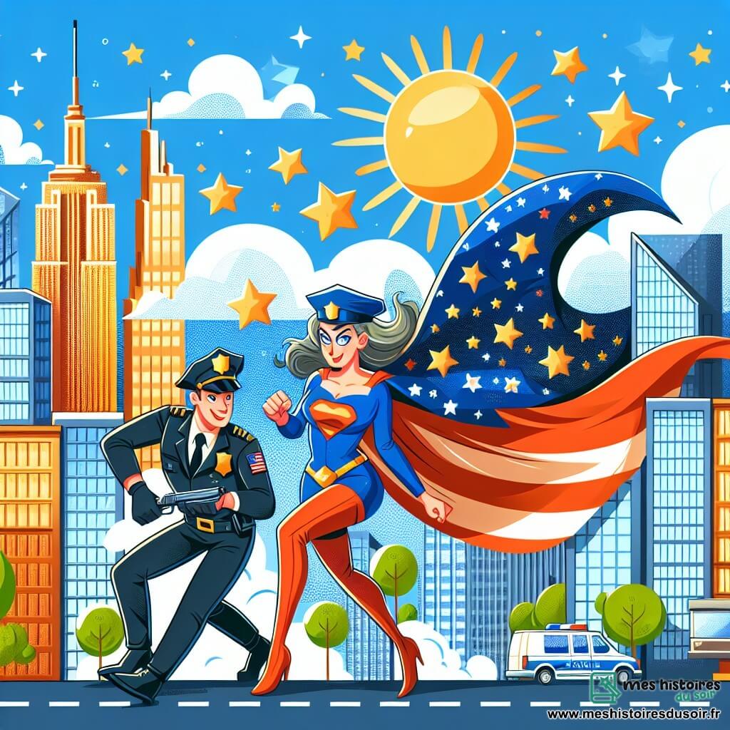Une illustration destinée aux enfants représentant une femme aux pouvoirs extraordinaires, combattant les méchants avec l'aide d'un courageux policier, dans une ville colorée et animée où les gratte-ciel brillent sous le soleil éclatant.