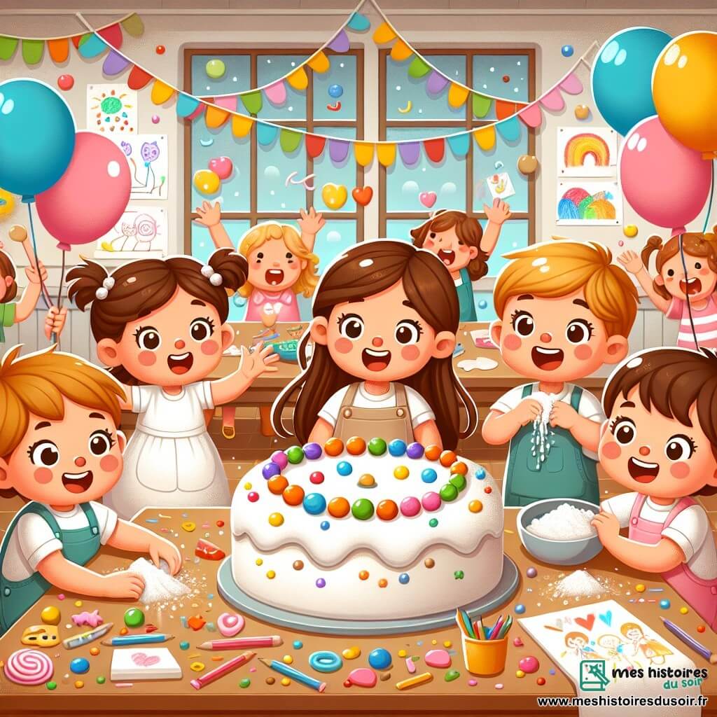 Illustration destinée aux enfants représentant une salle de classe colorée, remplie de décorations joyeuses : des ballons multicolores flottent au plafond et des dessins d’enfants ornent les murs. Au centre, un groupe d’enfants de 3 ans, composé de deux filles aux nattes brunes et d’un garçon aux cheveux en bataille, s'affairent autour d'une table recouverte de farine et de bonbons, riant et souriant alors qu'ils décorent un grand gâteau. Les filles, avec des sourires éclatants, tiennent des crayons et des perles, tandis que le garçon, les mains pleines de farine, montre fièrement son chef-d'œuvre. En arrière-plan, des mamans émerveillées entrent dans la pièce, leurs visages illuminés par la surprise et la joie, créant une atmosphère chaleureuse et festive.
