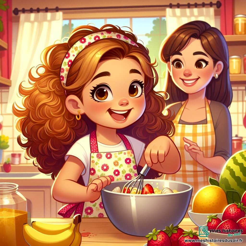 Une illustration sous forme de dessin destinée aux enfants représentant une cuisine chaleureuse et colorée, où une petite fille de 5 ans aux cheveux bouclés couleur caramel, portant un tablier à fleurs, est en train de mélanger des ingrédients dans un grand bol, entourée de fruits frais comme des fraises rouges et des bananes jaunes, tandis que sa maman, une femme souriante aux cheveux châtains, l'observe avec fierté, le tout évoquant une ambiance joyeuse et festive pour la préparation d'un petit-déjeuner surprise pour la fête des pères.