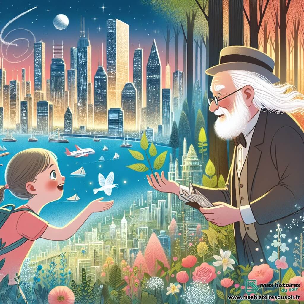 Une illustration destinée aux enfants représentant une jeune fille au cœur pur, accompagnée d'une vieille botaniste passionnée, explorant une ville moderne remplie de gratte-ciels étincelants et de parcs dévastés par la déforestation.