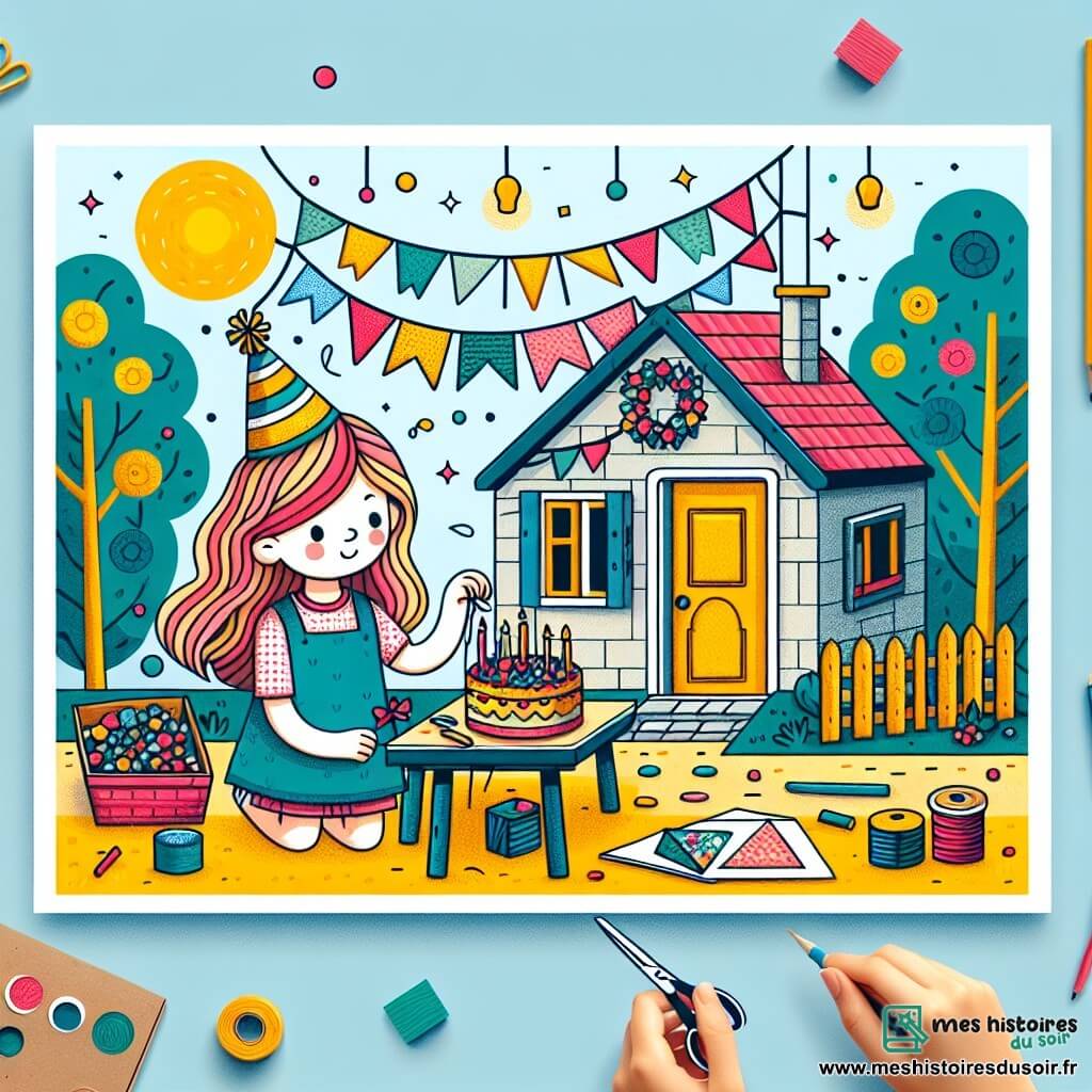 Une illustration destinée aux enfants représentant une fillette pleine d'imagination et de créativité, préparant une fête surprise pour son père avec l'aide de sa maman, dans une petite maison colorée au bout d'une rue tranquille, décorée de guirlandes de papier et de chapeaux de fête faits à la main.