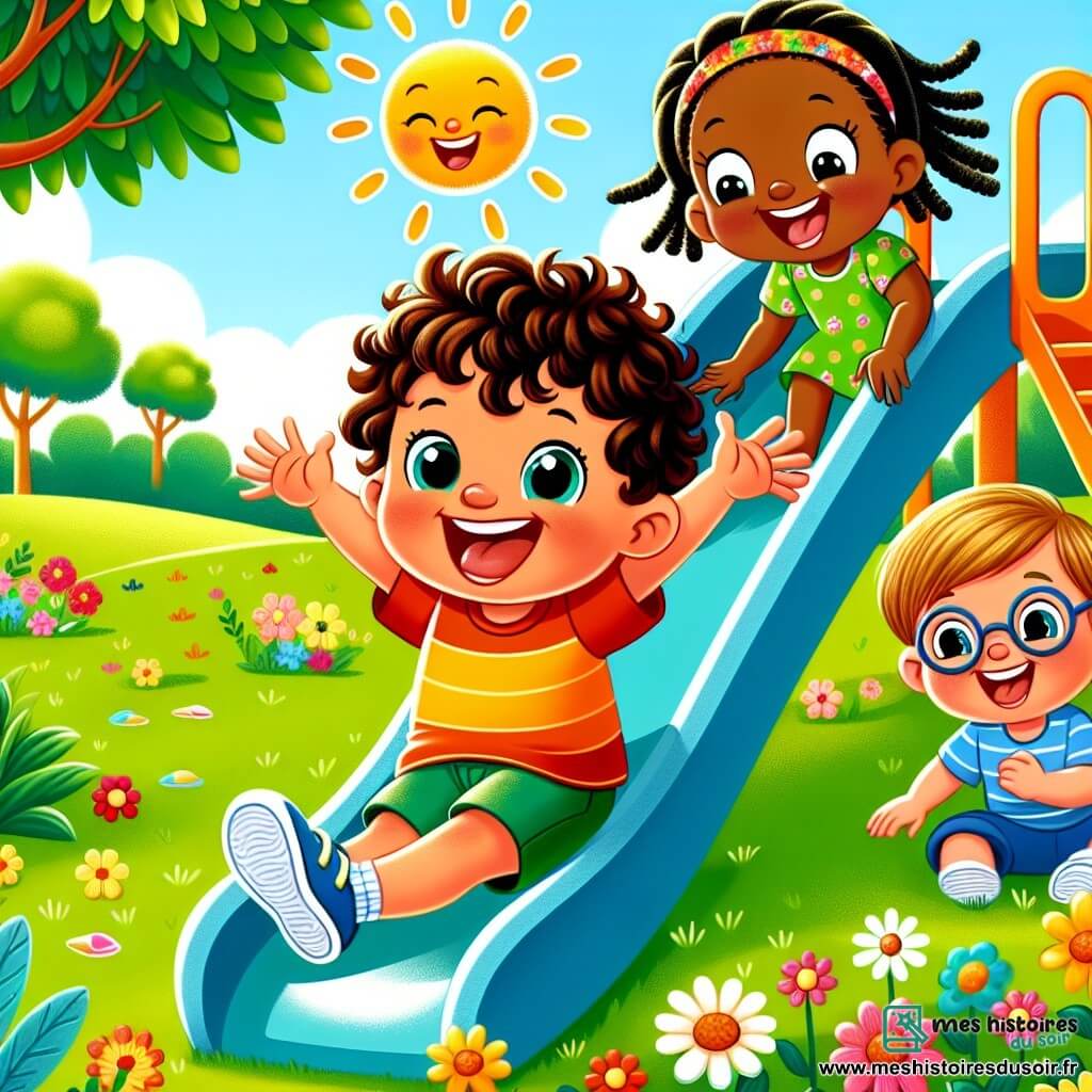 Une illustration sous forme de dessin destinée aux enfants représentant un parc ensoleillé avec une grande glissade colorée, où un garçon de 3 ans aux grands yeux pétillants et aux cheveux bouclés glisse joyeusement dans l'herbe, tandis qu'une fille pleine d'énergie, avec des tresses et un sourire éclatant, l'encourage en riant, et un petit garçon curieux, aux lunettes rondes et aux cheveux châtains, les observe avec émerveillement, le tout entouré de fleurs colorées et d'arbres verdoyants, capturant l'esprit d'amitié et de joie de leur journée de jeux.