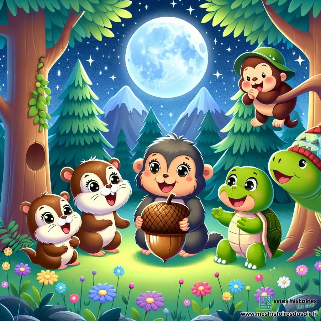 Illustration d'une clairière enchantée au clair de lune, entourée de grands arbres aux feuilles scintillantes, avec des fleurs colorées dansant dans le vent. Au centre, une petite marmotte au pelage doux et brun, avec de grands yeux curieux, tient une noisette géante entre ses pattes avant, souriante. À ses côtés, un chimpanzé espiègle, suspendu à une branche, avec un pelage noir et des yeux malicieux, fait des grimaces. Une tortue au chapeau trop grand, avec une carapace verte et des yeux ronds, applaudit joyeusement, tandis qu'un hibou sage, perché sur une branche, observe la scène amusé. Tous les animaux célèbrent la découverte de la noisette géante dans une ambiance festive, avec des étoiles scintillantes dans le ciel nocturne et des rires résonnant dans l'air.