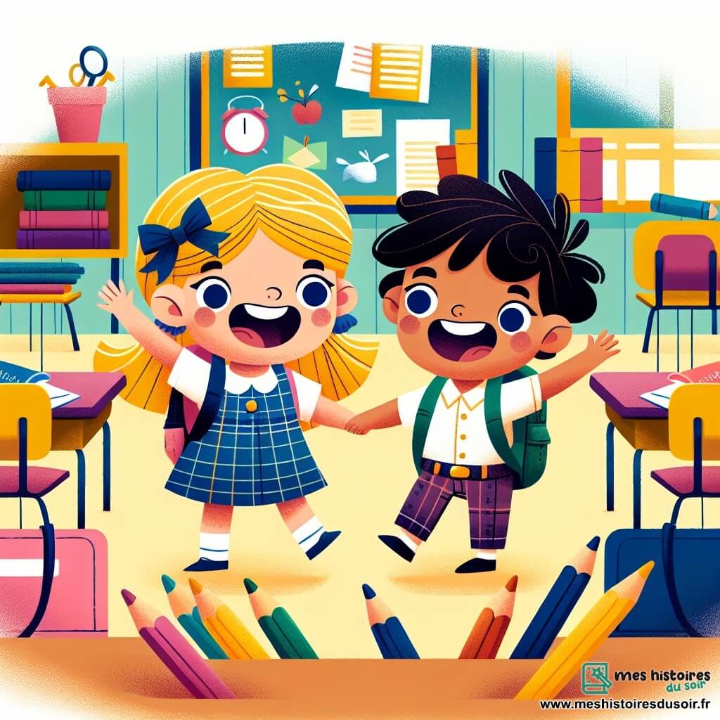 Une illustration destinée aux enfants représentant une fillette excitée pour sa première journée d'école, accompagnée de sa nouvelle amie Emma, dans une classe colorée remplie de pupitres, de livres et de crayons.