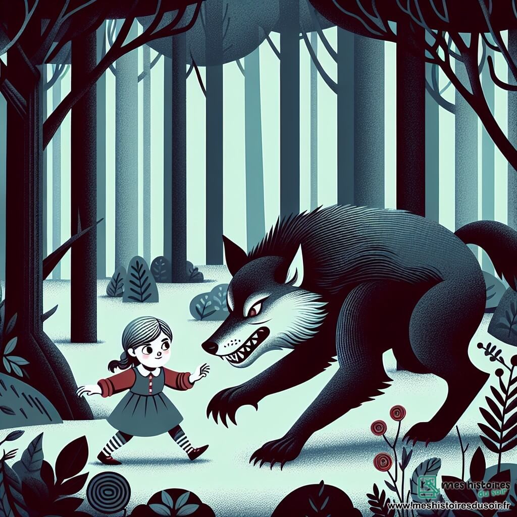 Une illustration destinée aux enfants représentant une fillette malicieuse se jouant d'un grand méchant loup menaçant dans une forêt sombre et mystérieuse.