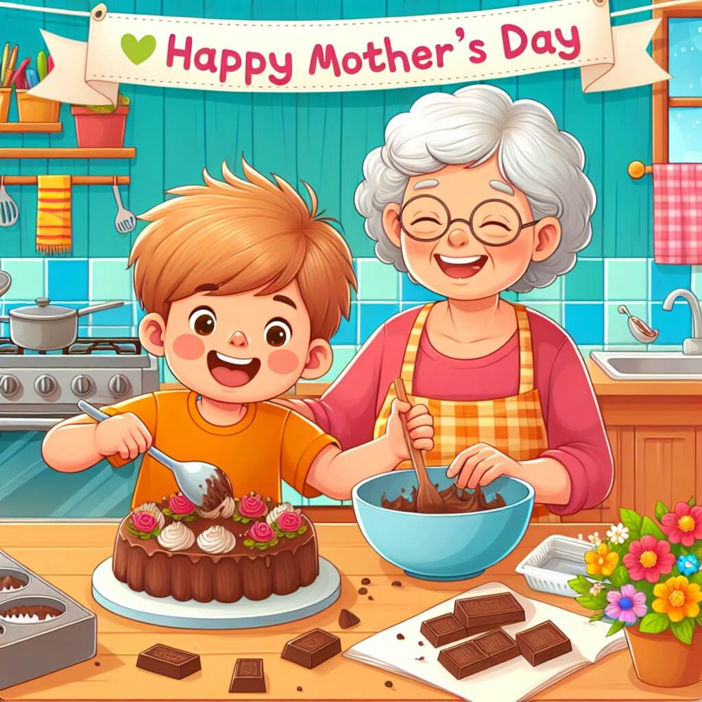 Une illustration destinée aux enfants représentant un petit garçon plein d'enthousiasme préparant une surprise pour sa maman lors de la fête des mères, avec l'aide précieuse de sa maman, dans une cuisine chaleureuse et colorée remplie d'ustensiles de pâtisserie et de délicieux arômes de chocolat.