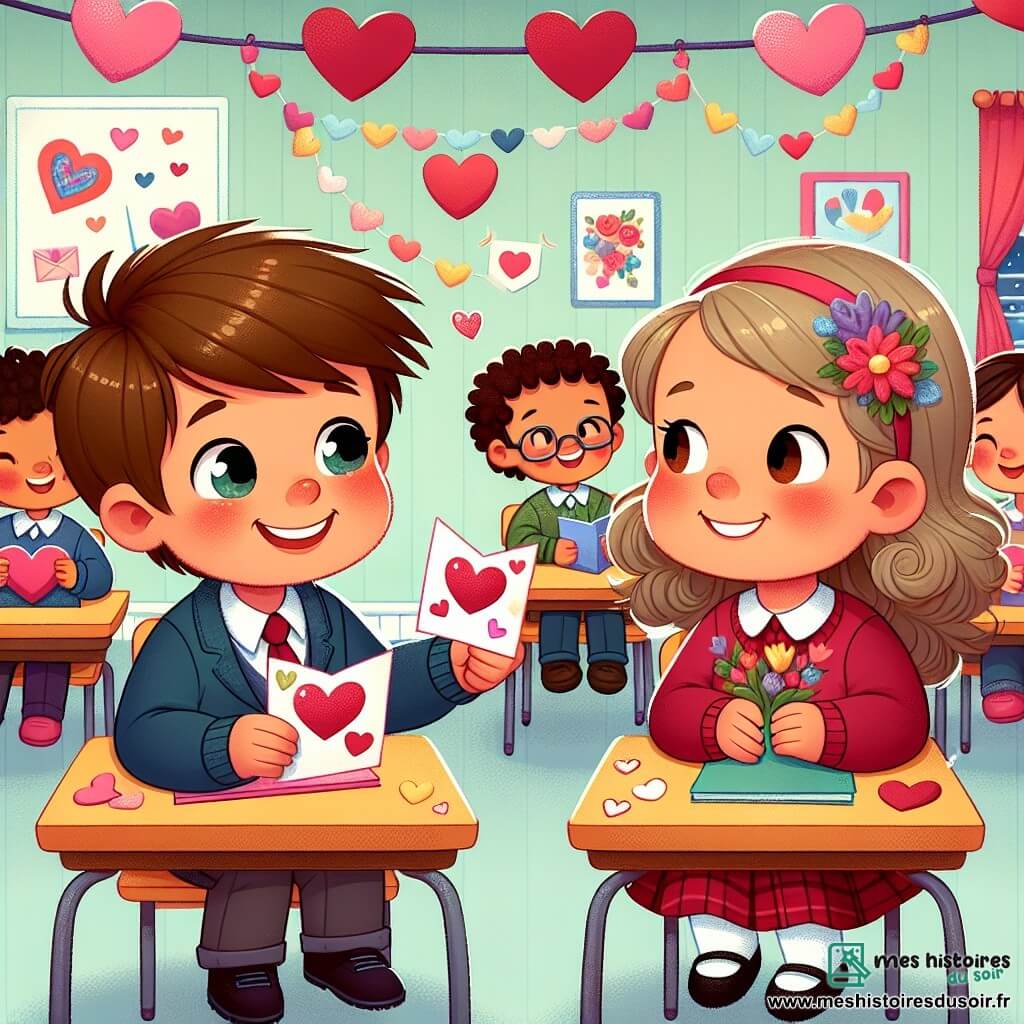 Une illustration sous forme de dessin destinée aux enfants représentant une salle de classe colorée décorée de cœurs et de guirlandes pour la Saint-Valentin, où un garçon de 5 ans aux cheveux bruns et aux yeux pétillants, souriant et tenant une carte colorée, s'approche timidement d'une petite fille aux cheveux bouclés et blonds, assise à son bureau, qui regarde la carte avec émerveillement, tandis que d'autres enfants en arrière-plan échangent des cartes et rient joyeusement, créant une atmosphère de partage et d'amitié.