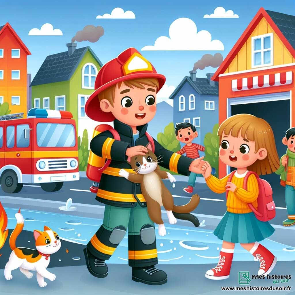 Une illustration destinée aux enfants représentant un homme pompier courageux sauvant une famille et son chat d'un incendie, accompagné d'une petite fille émerveillée, dans une ville animée aux maisons colorées et à la caserne de pompiers rouge et jaune.