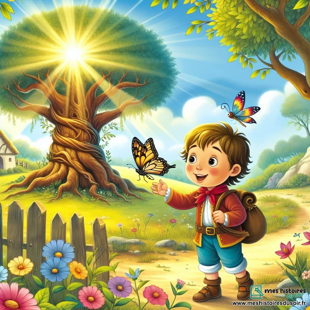 Une illustration destinée aux enfants représentant un petit garçon curieux et plein de vie, accompagné d'un papillon multicolore, découvrant un arbre ancien mystérieux au cœur d'une clairière illuminée par les rayons du soleil, dans un village paisible entouré de champs fleuris et de forêts mystérieuses.