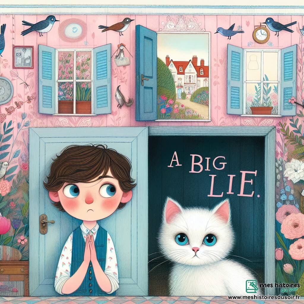 Une illustration destinée aux enfants représentant un garçon aux grands yeux curieux confronté à un gros mensonge, accompagné d'un adorable chaton tout blanc, caché dans une chambre aux murs roses ornés de dessins d'oiseaux et de fleurs, dans une maison chaleureuse aux volets bleus, entourée d'un jardin en fleurs.