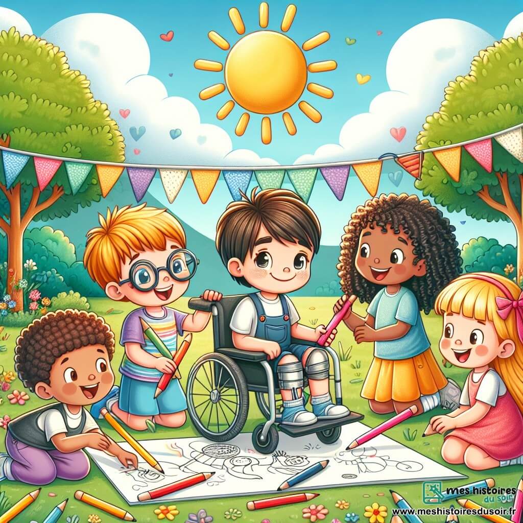 Une illustration sous forme de dessin destinée aux enfants représentant un parc ensoleillé, avec des arbres colorés et des guirlandes de papier, où un groupe d'enfants de 7 ans, dont un garçon aux cheveux bruns assis dans un fauteuil roulant, dessine avec des crayons de couleur sur une grande feuille, tandis qu'une fille aux cheveux bouclés et pétillants, ainsi qu'un garçon aux lunettes et une fille aux cheveux blonds, l'encouragent joyeusement, illustrant ainsi l'esprit d'amitié et de créativité qui unit ces enfants malgré leurs différences.