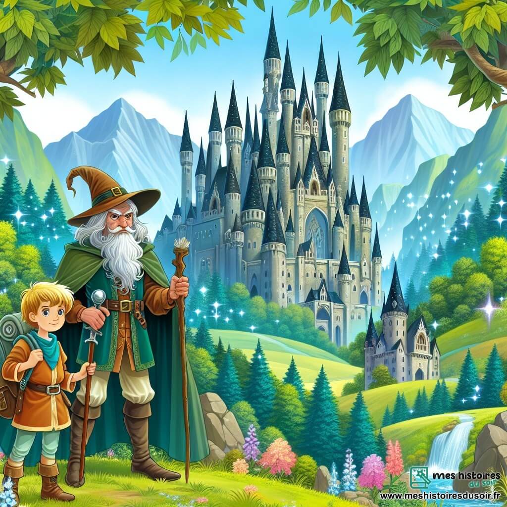 Une illustration destinée aux enfants représentant un courageux aventurier, un sorcier bienveillant, et un majestueux Château Enchanté aux tours effilées et aux fenêtres étincelantes, dans une vallée verdoyante et luxuriante.