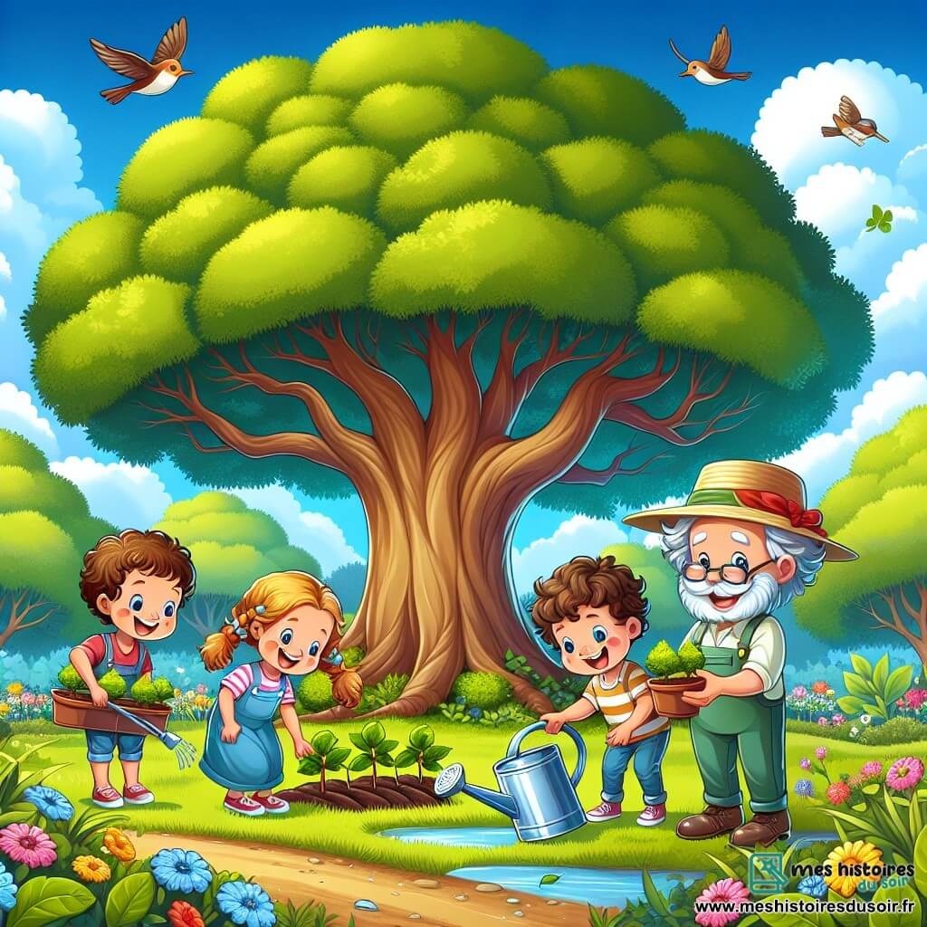 Illustration destinée aux enfants représentant un parc verdoyant sous un ciel bleu éclatant, avec un grand chêne majestueux au centre, ses branches étendues offrant de l'ombre. Un groupe de quatre enfants de sept ans, deux filles aux cheveux châtains et bouclés, une fille aux cheveux blonds tressés et un garçon aux cheveux bruns et courts, sont en train de planter de jeunes arbres autour d'un ruisseau à peine visible, avec des sourires radieux sur leurs visages. À proximité, un homme âgé, le jardinier du parc, portant un chapeau de paille et un tablier, les observe avec fierté tout en tenant un arrosoir. Des fleurs colorées et des oiseaux revenant dans les arbres ajoutent une touche de vie à cette scène joyeuse et engagée pour la protection de l'environnement.