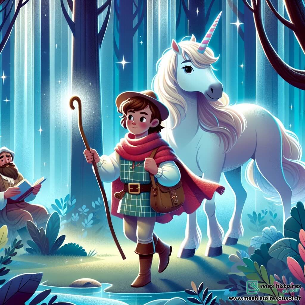 Une illustration destinée aux enfants représentant un berger courageux, plongé dans une forêt enchantée illuminée par une lueur mystique, accompagné d'une licorne majestueuse, dans le monde fantastique de Mythoria.