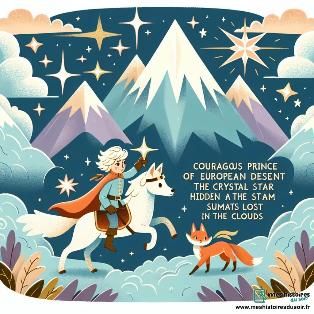 Une illustration destinée aux enfants représentant un prince courageux se lançant dans une quête périlleuse, accompagné d'un renard magique, à la recherche de l'étoile de cristal, cachée au sommet de la Montagne des Étoiles, un lieu majestueux aux sommets perdus dans les nuages.