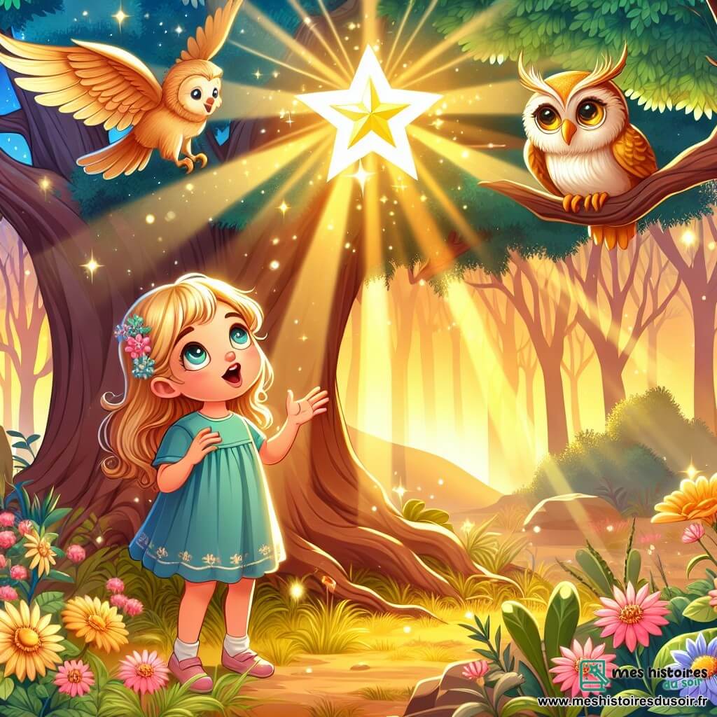 Une illustration sous forme de dessin destinée aux enfants représentant une forêt magique baignée de lumière dorée, où une petite fille de 9 ans aux cheveux couleur de blé et aux yeux pétillants observe avec émerveillement une étoile brillante flottant au-dessus d'un arbre majestueux, tandis qu'un hibou aux plumes dorées, perché sur une branche, lui parle avec sagesse, évoquant l'importance de se connaître soi-même et de suivre ses rêves dans un cadre enchanteur rempli de fleurs colorées et de rayons de soleil filtrant à travers les feuilles.