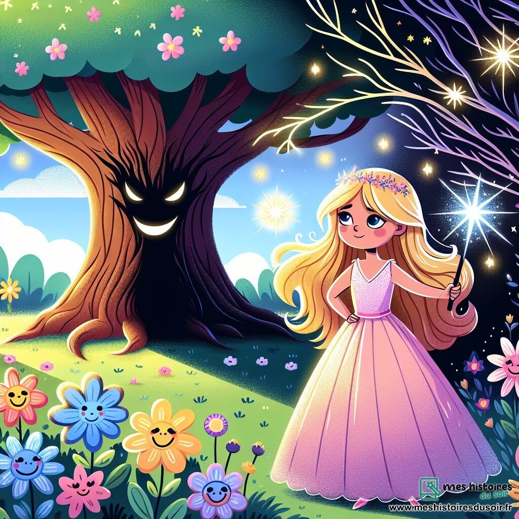 Illustration d'un jardin enchanté, rempli de fleurs colorées dansant au gré du vent. Au centre, un grand arbre majestueux aux feuilles brillantes, avec des racines s'étendant comme des bras protecteurs. Au premier plan, une princesse aux cheveux dorés, flottant comme des rayons de soleil, porte une robe scintillante rose pastel. Elle se tient avec assurance, tenant une baguette magique étincelante, prête à affronter une ombre menaçante. Son visage est doux et déterminé, ses yeux brillent d'un éclat courageux. À ses côtés, un oiseau magique bleu aux plumes éclatantes chante avec enthousiasme, entouré de fleurs souriantes, ajoutant gaieté à la scène. La princesse fait face à une ombre noire menaçante, tandis que la lumière de sa baguette illumine le jardin, repoussant l'obscurité et créant une atmosphère magique et pleine d'espoir.