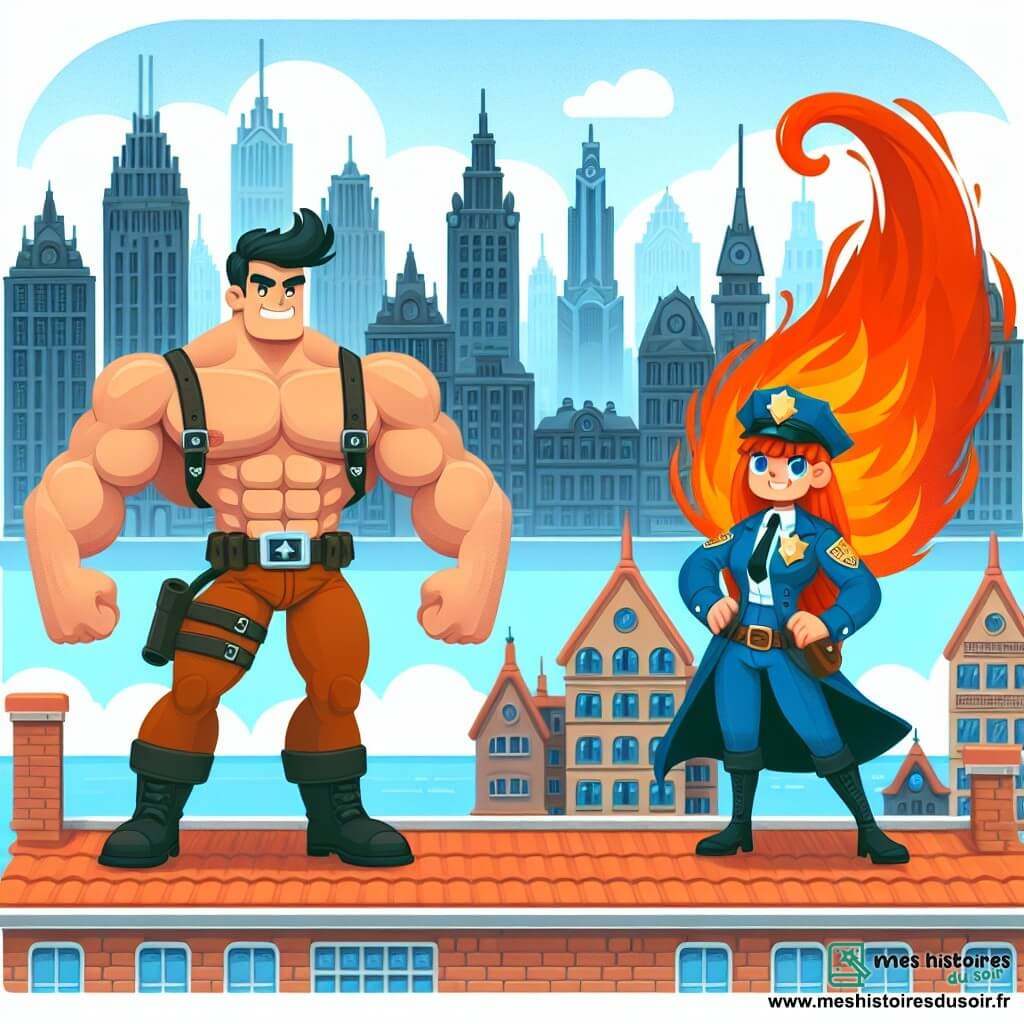 Une illustration destinée aux enfants représentant un homme au physique impressionnant, se tenant sur un toit de la ville de FantasiaCity, aux côtés d'une policière courageuse aux cheveux roux flamboyants, prêts à combattre le crime pour protéger la ville paisible.