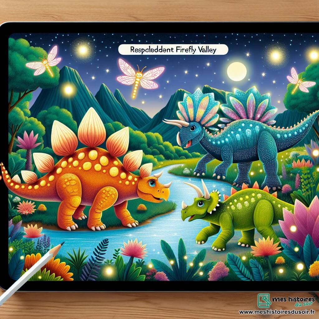 Une illustration destinée aux enfants représentant un stégosaure courageux dans une vallée scintillante, accompagné d'une tricératops espiègle, se déroulant dans la magnifique Vallée des Lucioles avec ses plantes aux couleurs vives et ses lucioles brillantes.