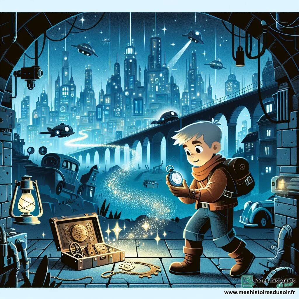 Une illustration destinée aux enfants représentant un jeune garçon aventurier découvrant une montre magique dans une ruelle sombre de Néo-Ville, une ville futuriste flottant sur une île scintillante, entourée de voitures volantes et de bâtiments brillants.
