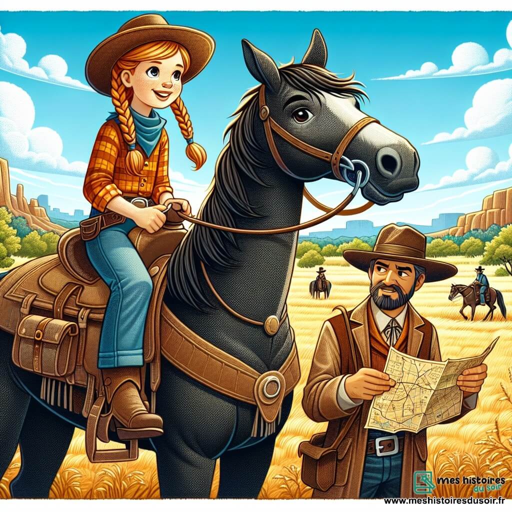 Une illustration sous forme de dessin destinée aux enfants représentant une vaste prairie dorée sous un ciel bleu éclatant, où une cow-girl aux cheveux châtains tressés, portant un chapeau de cow-boy et une chemise à carreaux, monte fièrement son étalon noir, tandis qu'un homme au long manteau poussiéreux et au visage amical, se tient à ses côtés, observant avec curiosité une carte ancienne, alors qu'ils s'apprêtent à découvrir un trésor caché tout en étant sur le point d'échapper à un groupe de hors-la-loi menaçants au loin.