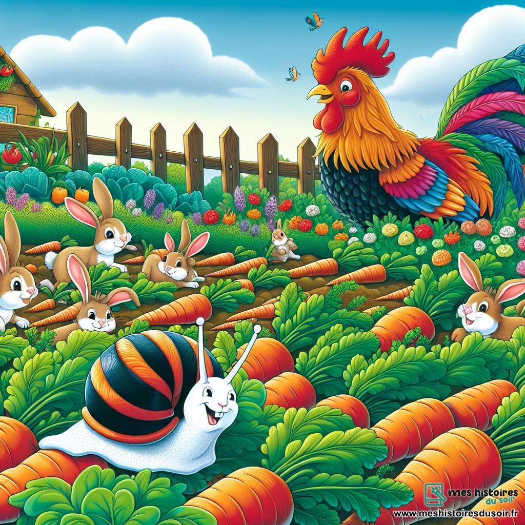 Une illustration sous forme de dessin destinée aux enfants représentant un charmant potager verdoyant, avec un petit escargot à la coquille brillante et rayée, se faufilant lentement entre des rangées de carottes, tandis qu'un coq coloré aux plumes flamboyantes chante joyeusement sur une barrière en bois, et des lapins espiègles jouent à cache-cache parmi les légumes, créant une atmosphère joyeuse et animée, pleine de rires et d'aventures.
