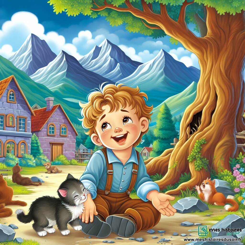 Une illustration destinée aux enfants représentant un garçon joyeux vivant une perte tragique accompagné d'un chaton gracieux, dans un village paisible entouré de montagnes majestueuses et d'un vieux chêne imposant.