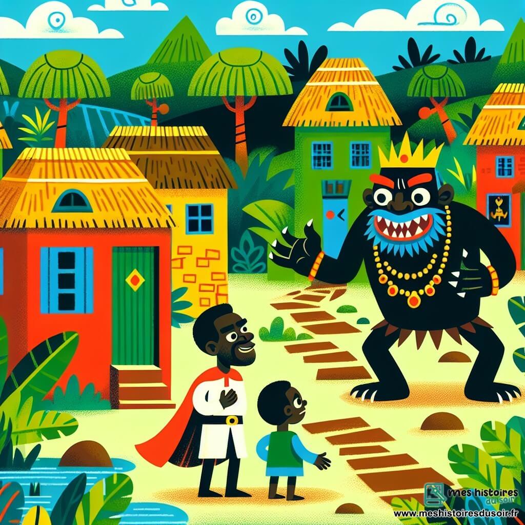 Une illustration destinée aux enfants représentant un homme malin, confronté à un monstre terrifiant, accompagné d'un roi, dans un petit village africain aux maisons colorées et entouré d'une végétation luxuriante.