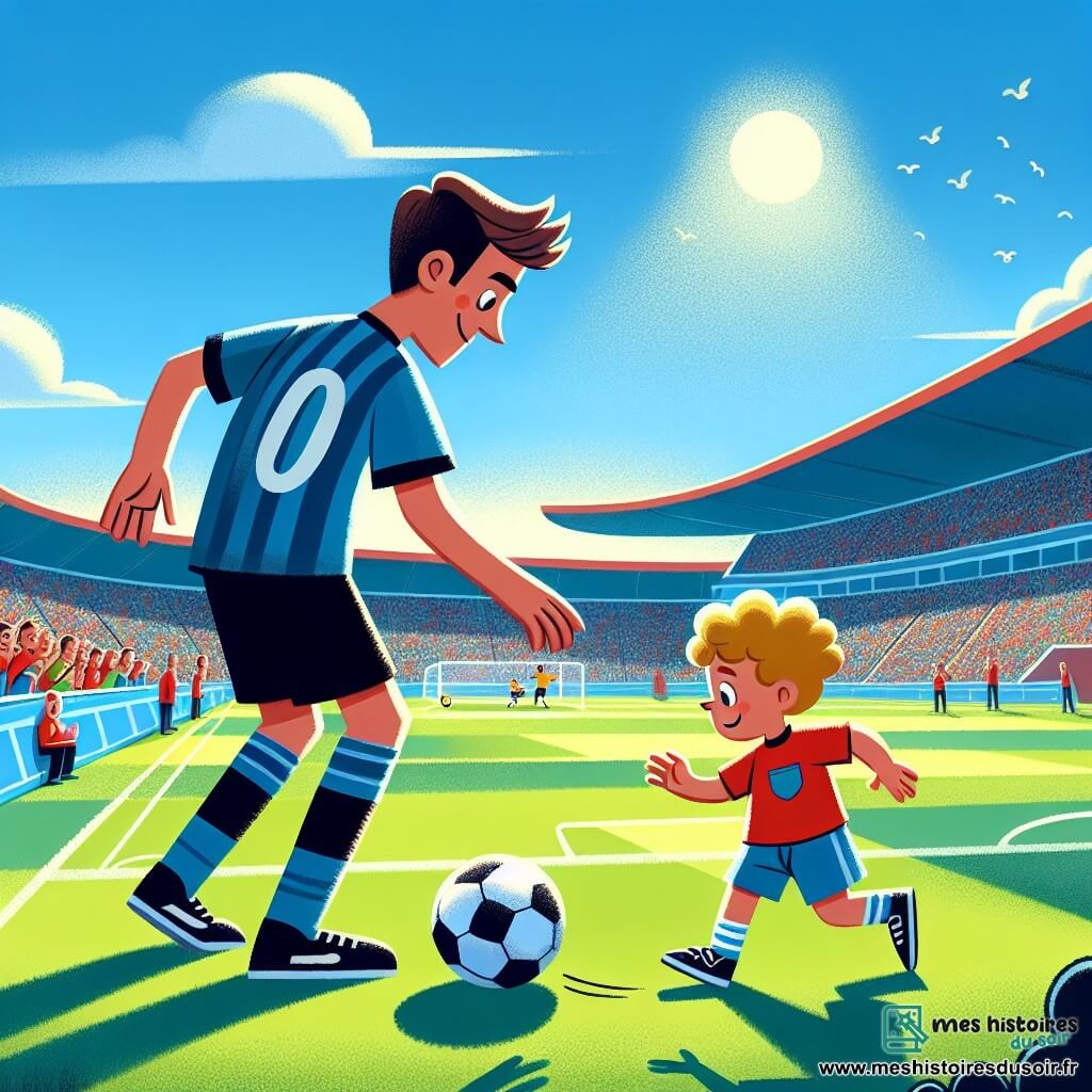 Une illustration sous forme de dessin destinée aux enfants représentant un grand stade ensoleillé avec une pelouse verte éclatante, où un jeune homme aux cheveux bruns et courts, portant un maillot de football bleu et un short noir, montre à un petit garçon aux cheveux blonds et bouclés, habillé d'un t-shirt rouge et d'un short bleu, comment taper un ballon de football rouge qui roule joyeusement sur le terrain, tandis que des oiseaux chantent dans le ciel bleu et que des spectateurs souriants applaudissent en arrière-plan.
