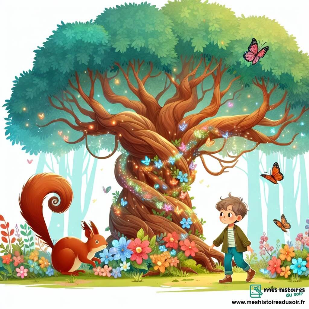 Une illustration destinée aux enfants représentant un jeune garçon explorant une forêt enchantée, accompagné d'un écureuil curieux, près d'un vieil arbre majestueux aux branches tordues et aux feuilles chatoyantes, dans un décor de fleurs multicolores et de papillons virevoltants.