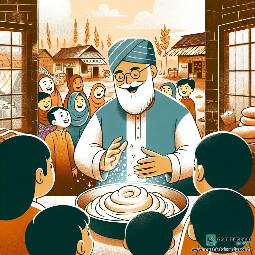 Une illustration destinée aux enfants représentant un boulanger jovial et chaleureux, pétrissant de la pâte avec magie, entouré d'enfants curieux et enthousiastes, dans une boulangerie pittoresque au cœur d'un village animé de la campagne.
