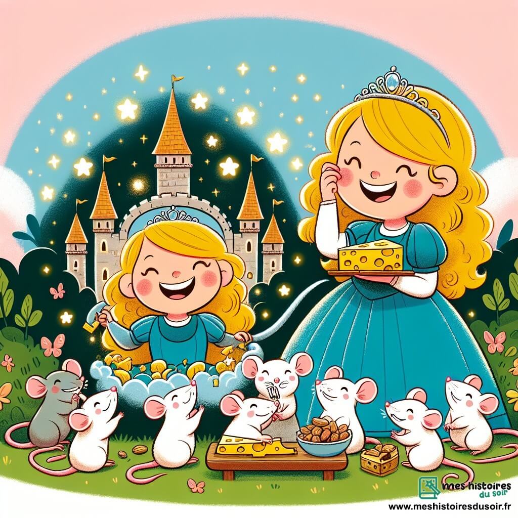 Une illustration destinée aux enfants représentant une princesse espiègle se transformant en une version miniature d'elle-même, partageant un festin de fromages et de noisettes avec une famille de souris joyeuses, dans les jardins enchantés du château aux tours étincelantes, sous un ciel parsemé d'étoiles scintillantes.
